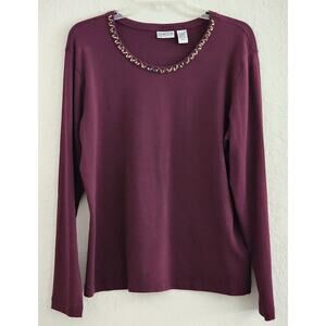 TOP/BLOUSE-CHICO'S-Burgundy/Wine-Sequin Detail Around Neck-Long Sleeve-3/LRG